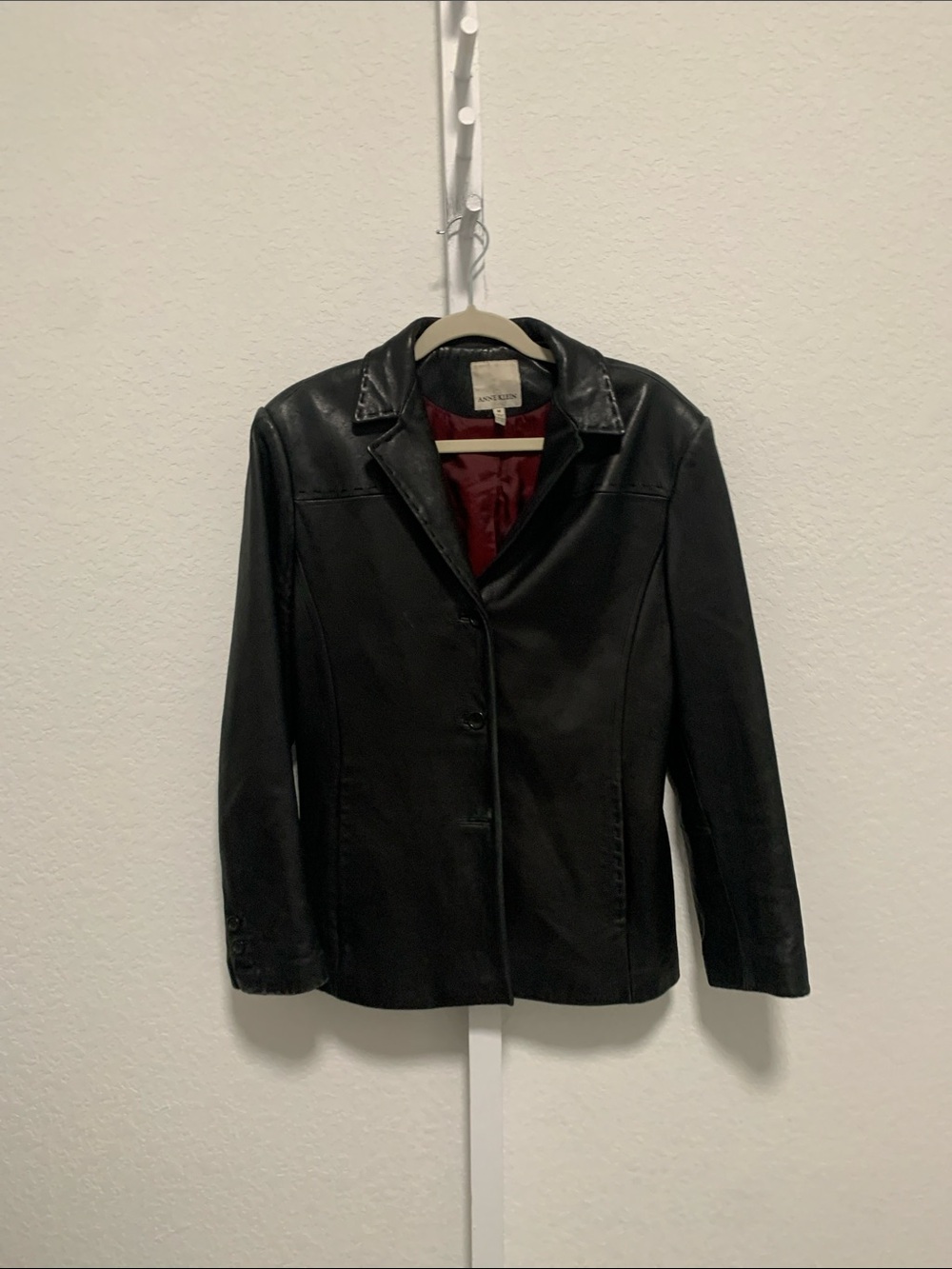 Y2K Anne Klein Black Leather Button-Front Jacket with Burgundy Lining